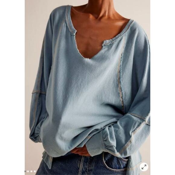 Free People Tops - Free People We the Free Blue Oversized Slouchy Fit Tee Small Distressed Casual